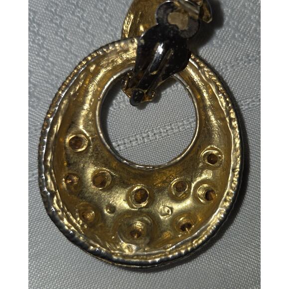 Vintage 80s 90s Black Enamel Clip On Drop Earrings Gold Tone Rhinestones Dangle - Picture 7 of 9